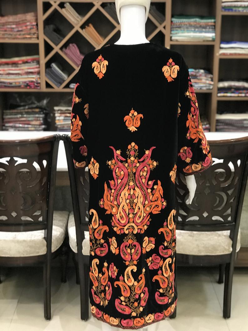 Black Front Open Style Paisley Embroidered Long Women's Jacket Front Black Front Open Style Paisley Embroidered Long Women's Jacket Front