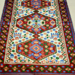 Hand Chain Stitched White 3 Diamond pattern Silk Kashmiri Rug