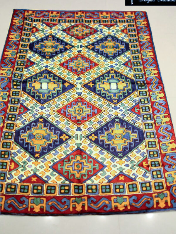 Hand Chain Stitched White Diamond Pattern Silk Kashmiri Rug