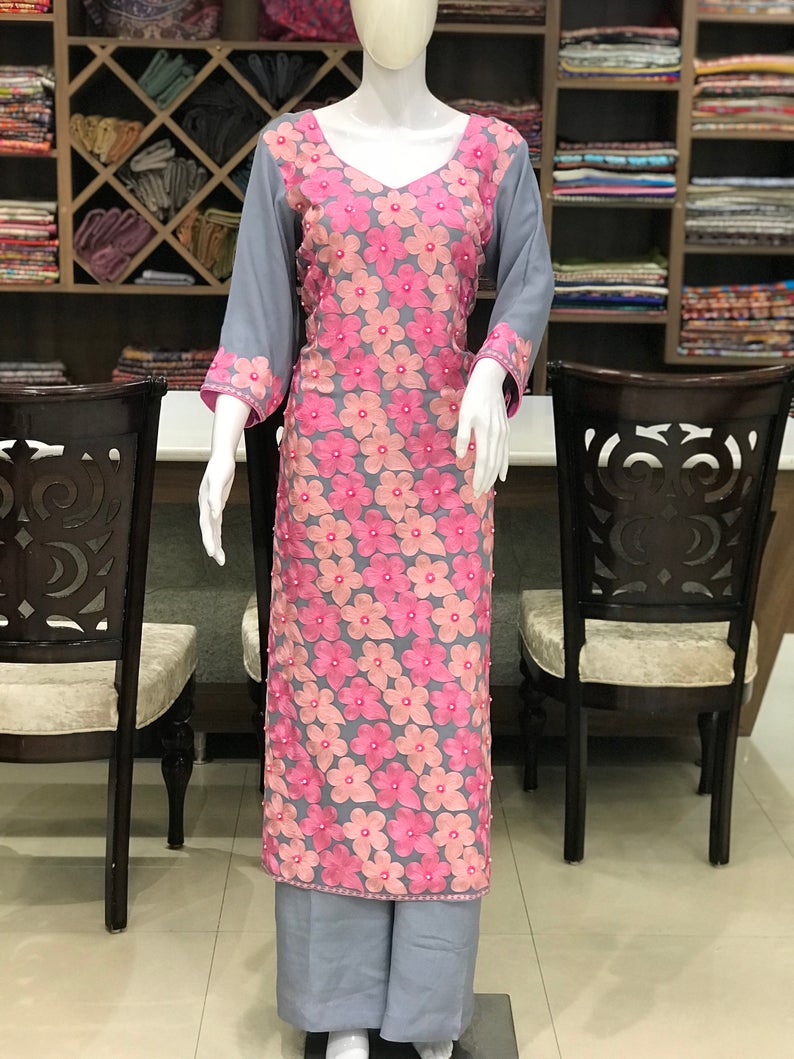Floral Aari Hand Pearl Work Indian Ethnic Suit