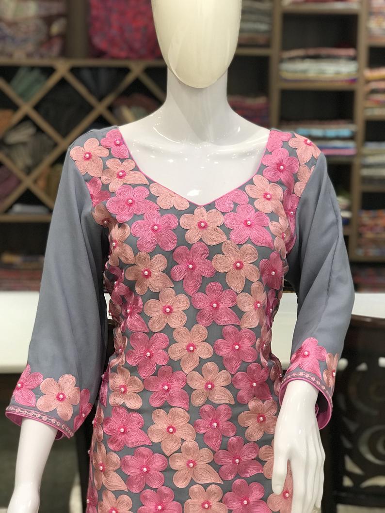 Floral Aari Hand Pearl Work Indian Ethnic Suit Close Up