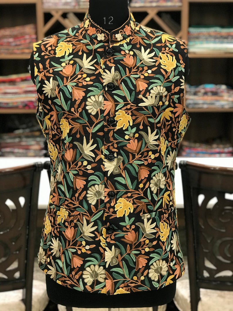 Black Mens Modi Jacket with Multi Coloured Floral Embroidery Work