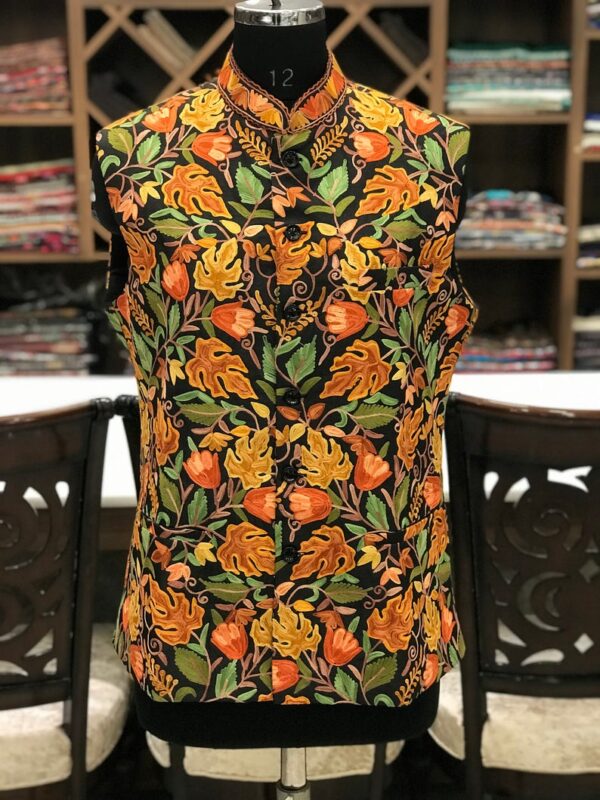 Black Mens Nehru Jacket with Multi-Colored Chinar Style Embroidery Work