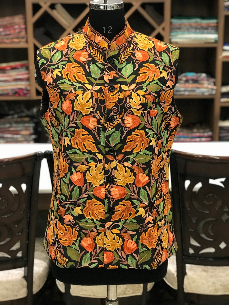 Black Mens Nehru Jacket with Multi-Colored Chinar Style Embroidery Work