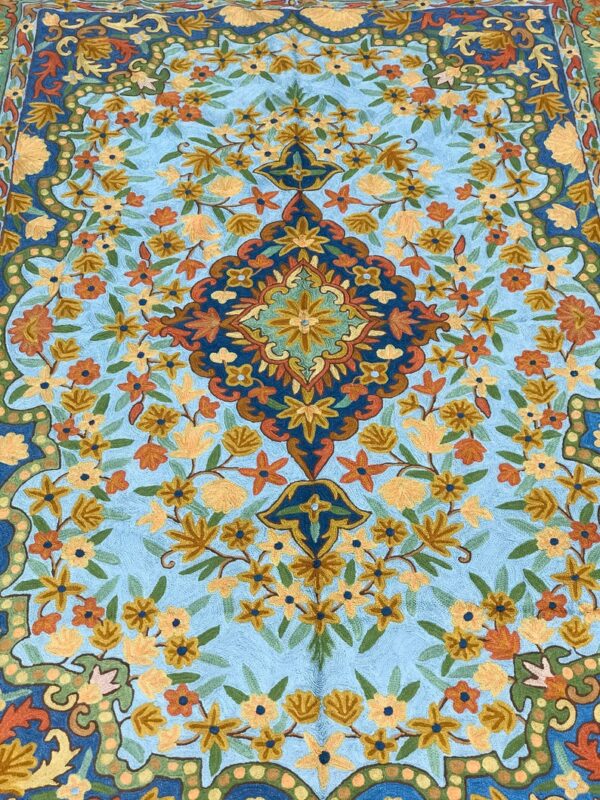 Hand Chain Stitched Blue Silk Kashmiri Rug