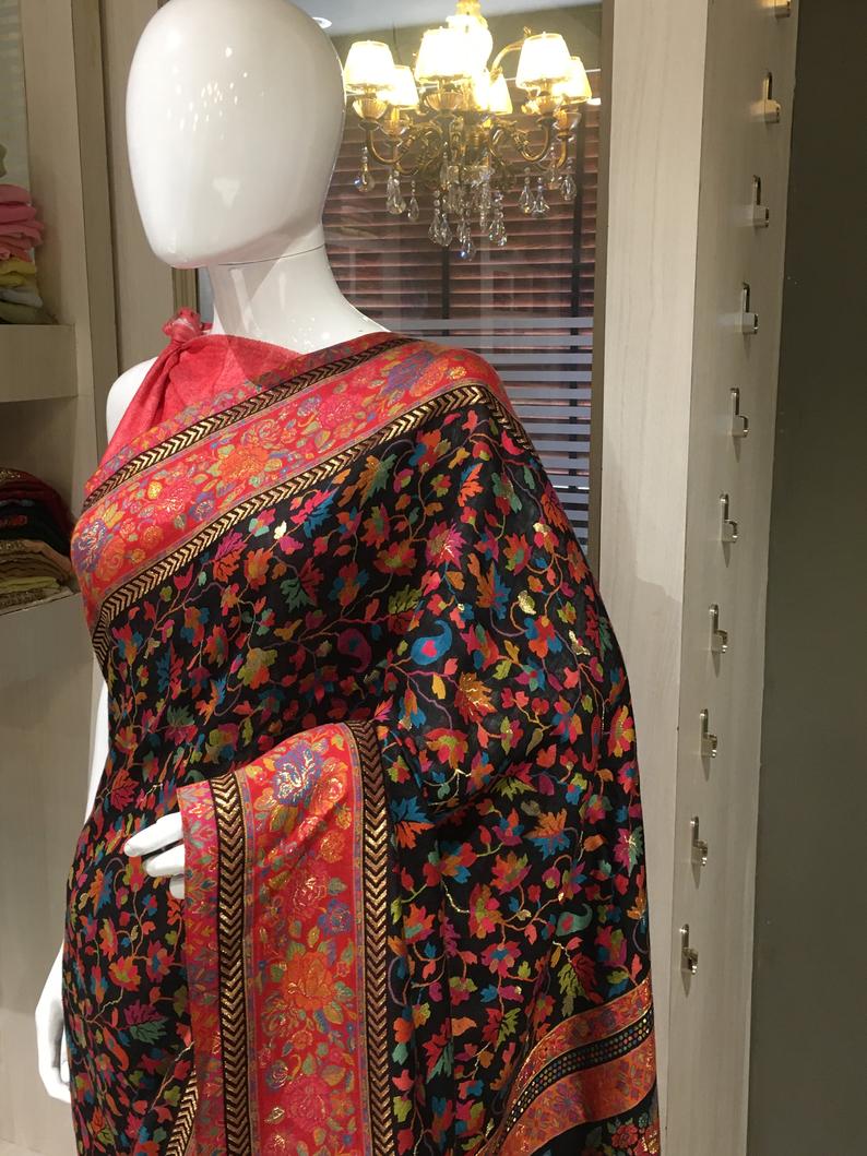 Black Modal Silk Floral Jaal Kani Weave Saree Black Modal Silk Floral Jaal Kani Weave Saree