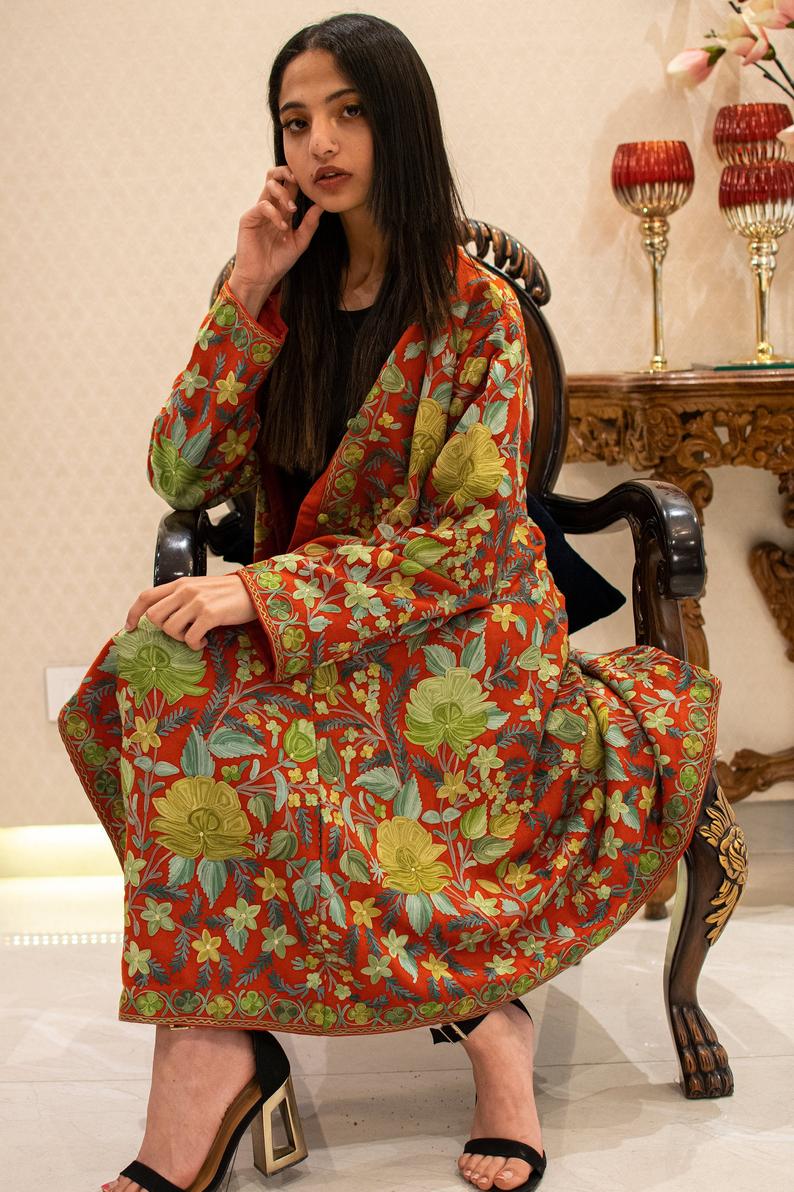 Red Kashmiri Long Coat with Floral Jaal Embroidery, Kashmiri Coats & Jackets