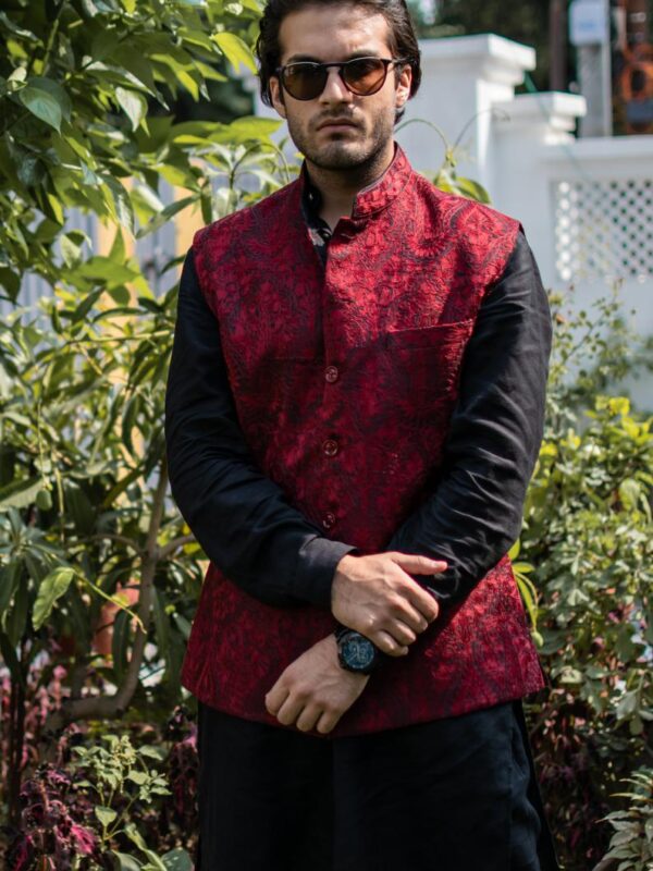 Black Mens Nehru Jacket with Red Jama Paisley Embroidery Work close up