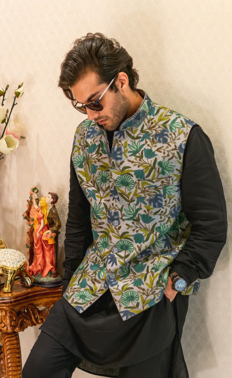 Grey Floral Embroidered Nehru Jacket image 2