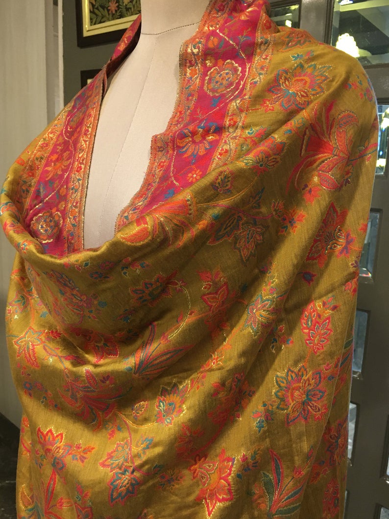 Silk Modal Mustard Yellow Floral Kani Dupatta side view Silk Modal Mustard Yellow Floral Kani Dupatta side view