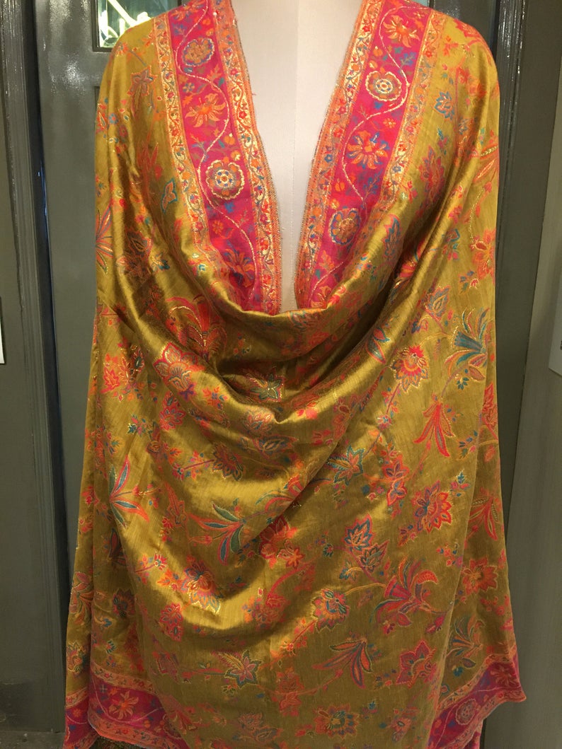 Silk Modal Mustard Yellow Floral Kani Dupatta Silk Modal Mustard Yellow Floral Kani Dupatta
