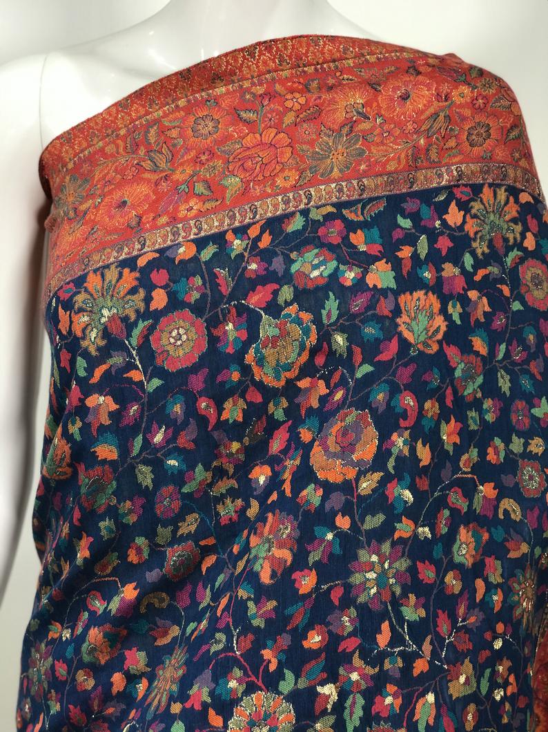 Blue Modal Silk Floral Jaal Kani Weave Saree close up Blue Modal Silk Floral Jaal Kani Weave Saree