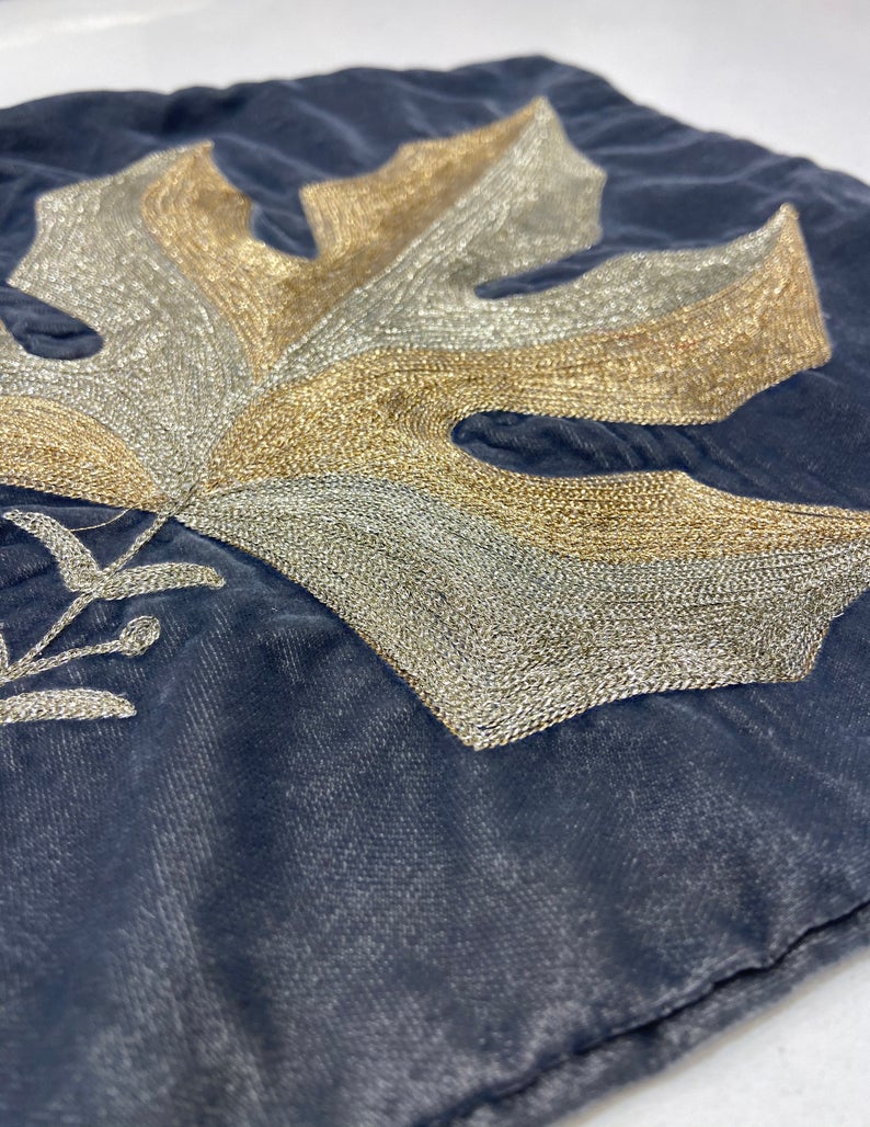 Dual Shade Tilla Embroidered Decorative Velvet Cushion Cover: Grey Slant View