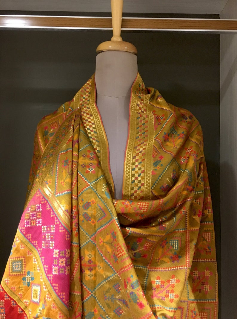 Silk Modal Mustard Yellow Kani Dupatta close up Silk Modal Mustard Yellow Kani Dupatta close up