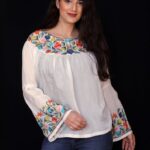 White Bell Sleeves Tunic Top with Silk Thread Embroidery Front