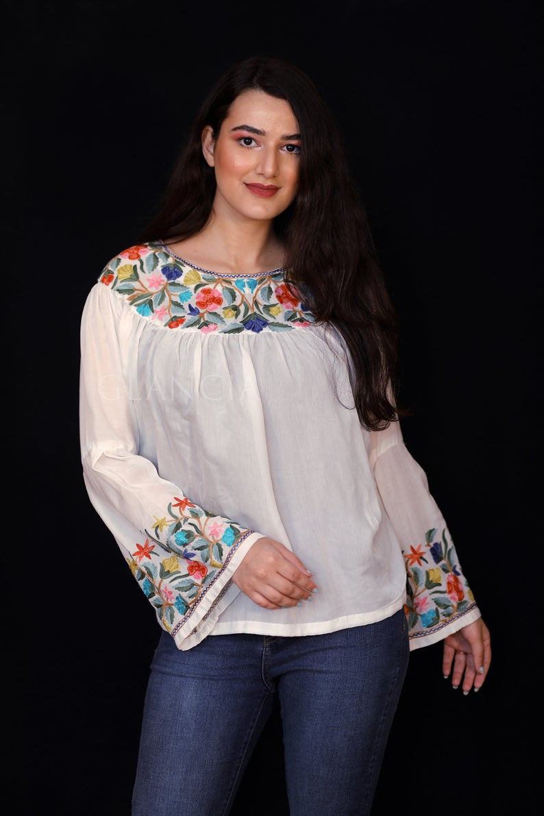 White Bell Sleeves Tunic Top with Silk Thread Embroidery Front White Bell Sleeves Tunic Top with Silk Thread Embroidery Front