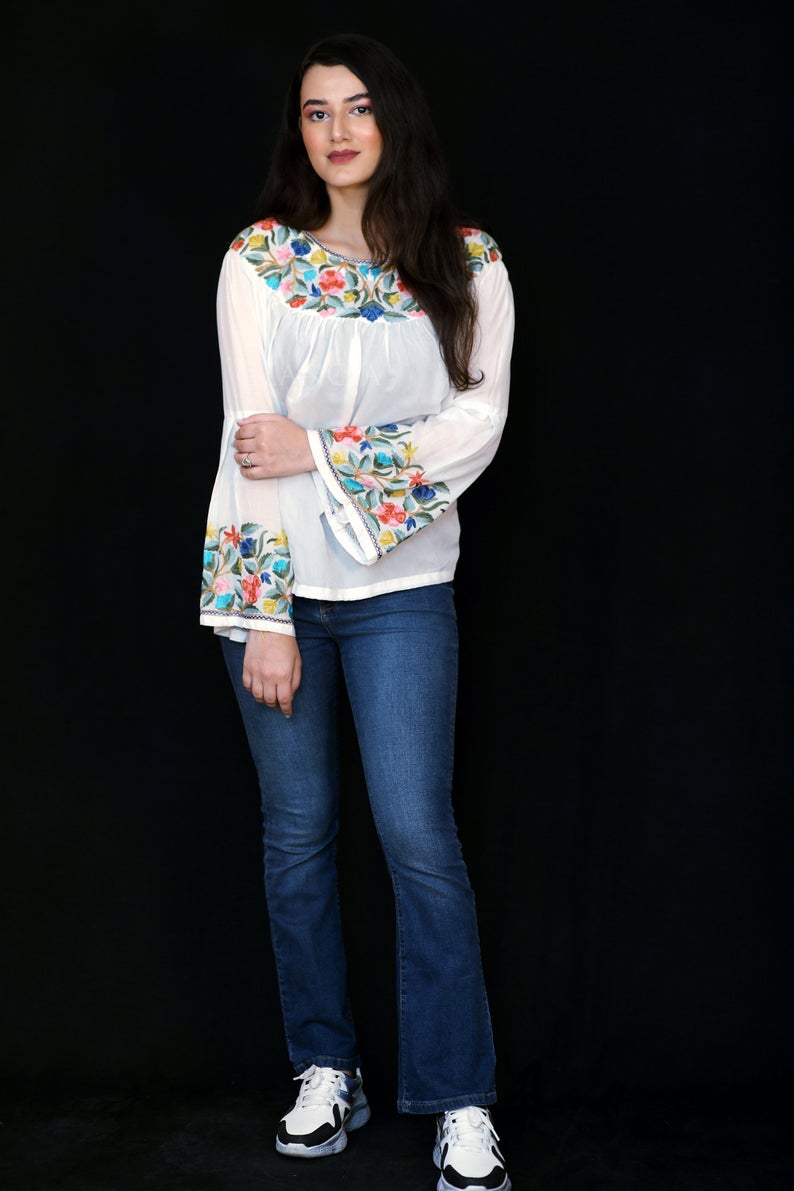 White Bell Sleeves Tunic Top with Silk Thread Embroidery White Bell Sleeves Tunic Top with Silk Thread Embroidery