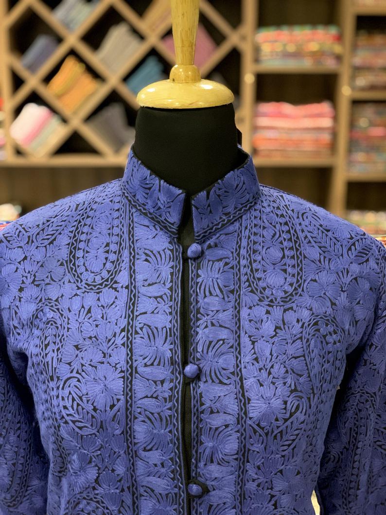 Royal Blue Paisley Jamawar Embroidered Women Coat 2