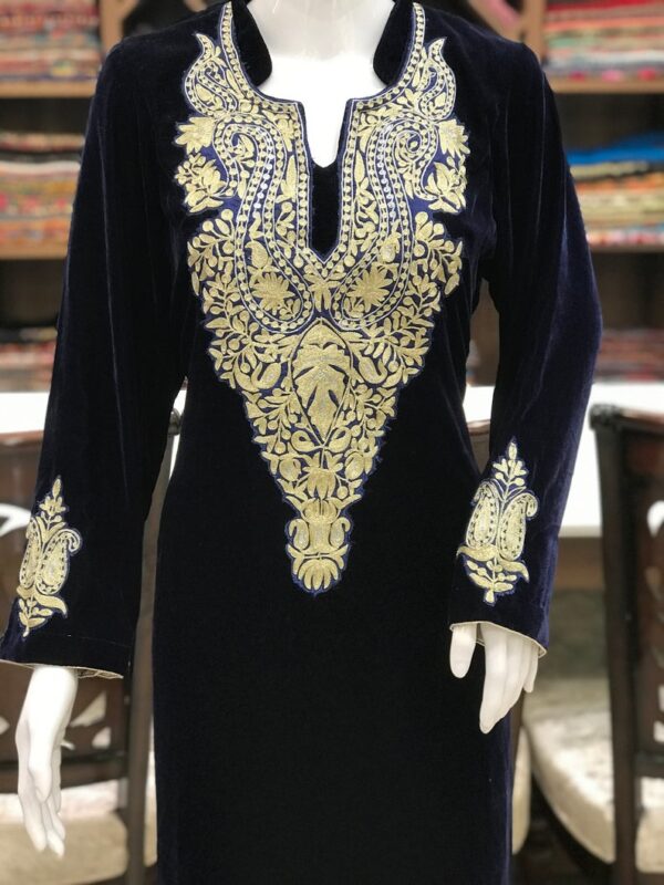 Navy Blue Velvet Kurta with Zari Embroidery 2