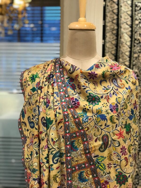 Yellow Fine Wool Outlined Kalamkari Stole Wrap 2