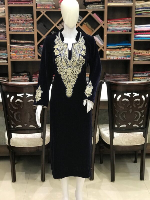 Navy Blue Velvet Kurta with Zari Embroidery