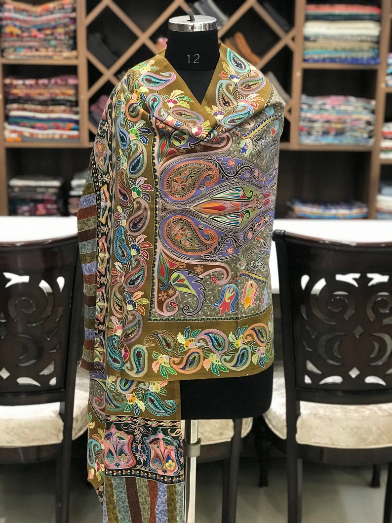 Multi Colour Fine Wool Outlined Kalamkari Stole