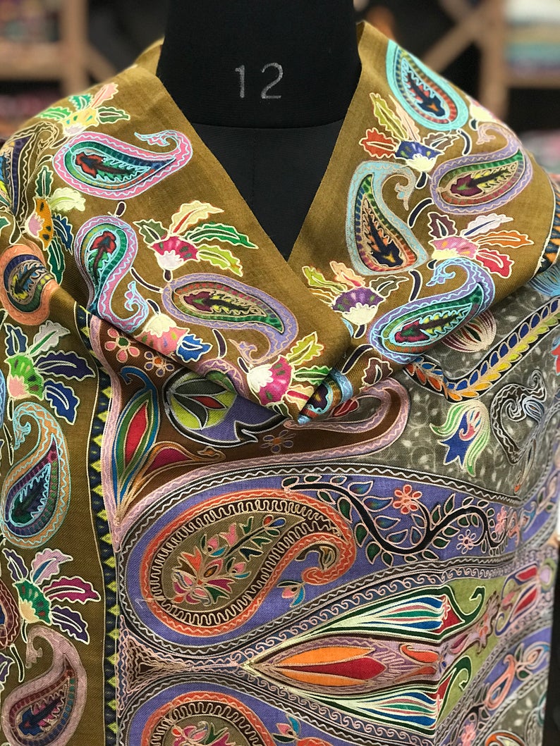 Multi Colour Fine Wool Outlined Kalamkari Stole 2