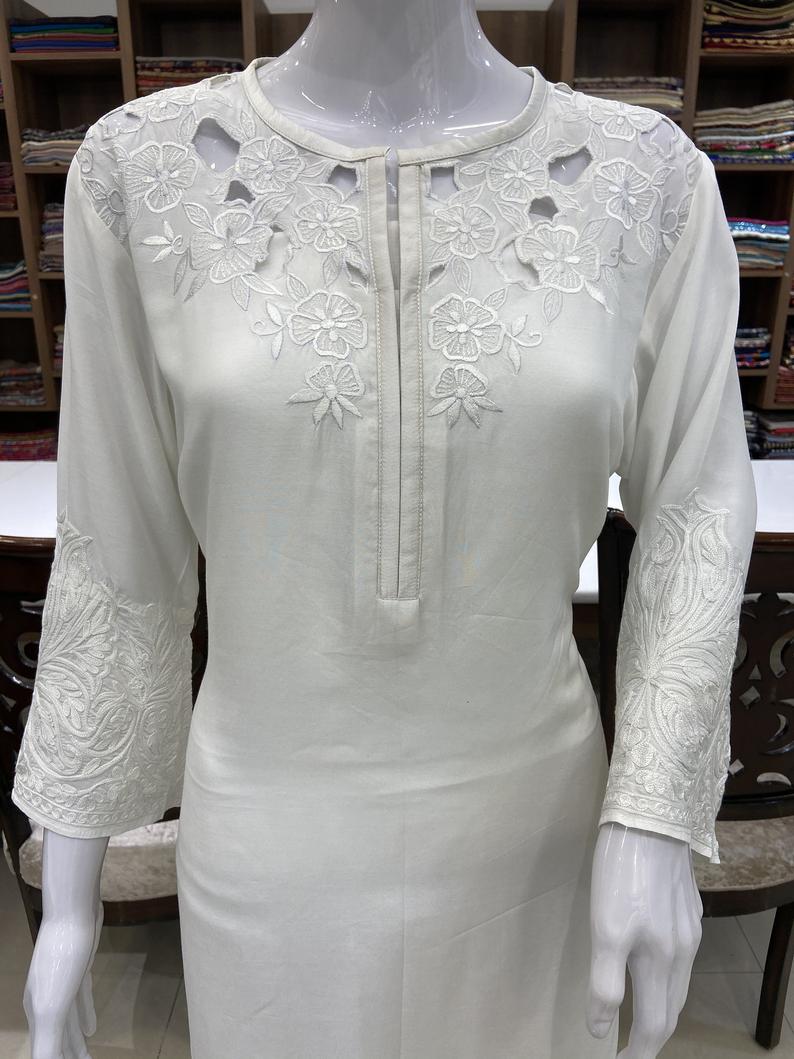White Kurta with Cut-Work and Thread Embroidery close