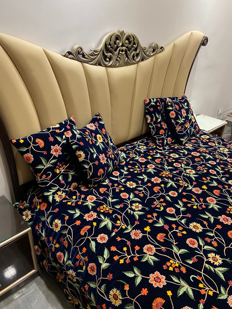 Floral Kashmiri Aari Embroidered Velvet Bed Cover up view