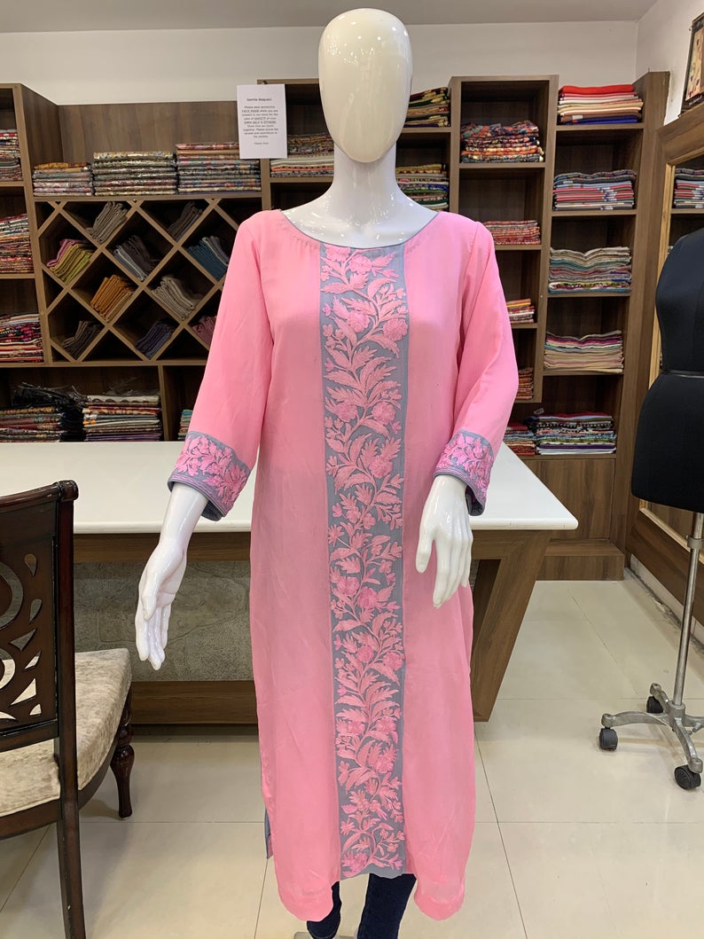 Kashmiri Aari Embroidered Chinon Kurta main Kashmiri Aari Embroidered Chinon Kurta main