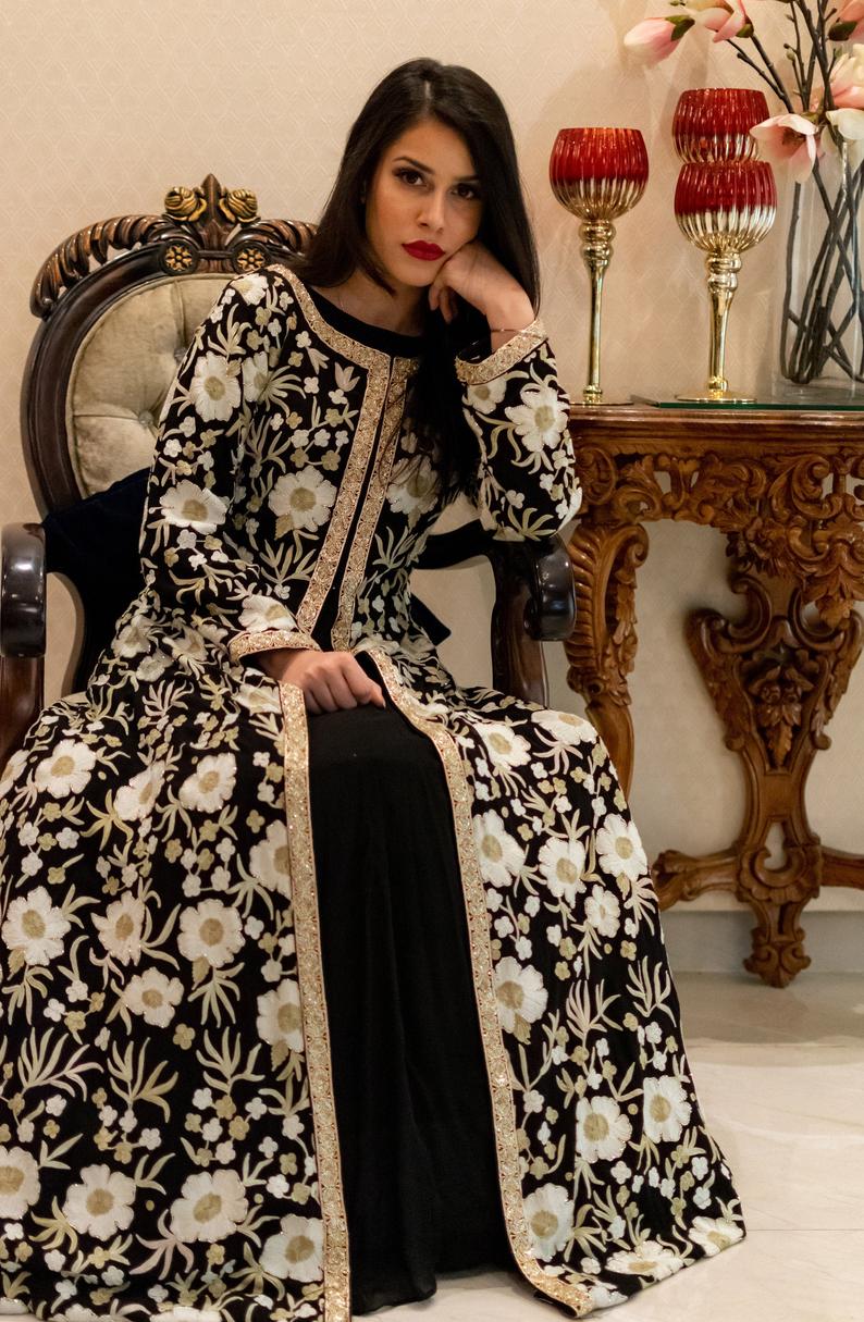 Black Jacket Style Flared Dress with Fusion Embroidery Black Jacket Style Flared Dress with Fusion Embroidery