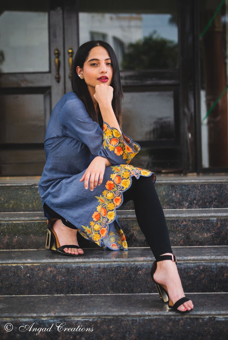 Denim Tunic Top Featuring Thread Embroidery with Scalping