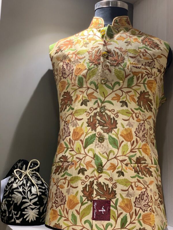 Beige Nehru Jacket with Chinar Embroidery