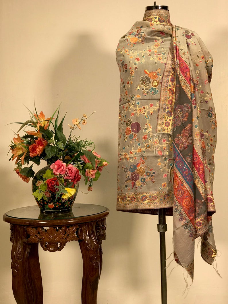 Light Grey Silk Kani Weave Dupatta