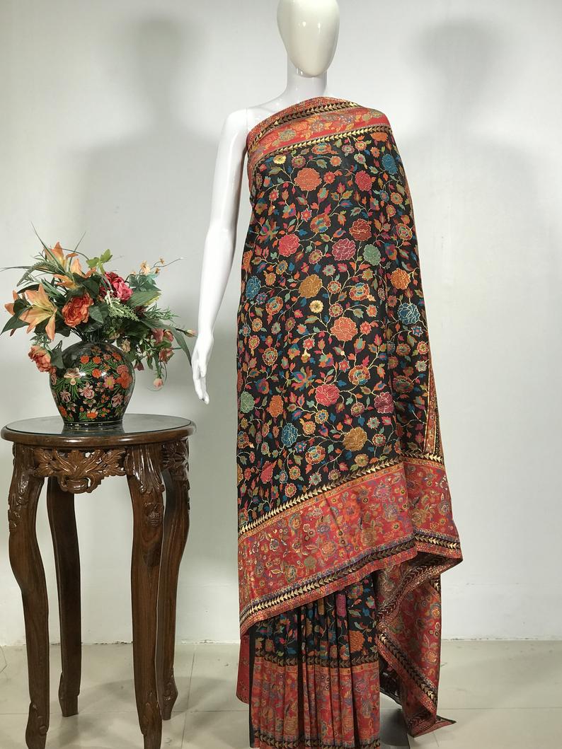 Black Modal Silk Floral Jaal Kani Weave Sari Black Modal Silk Floral Jaal Kani Weave Sari
