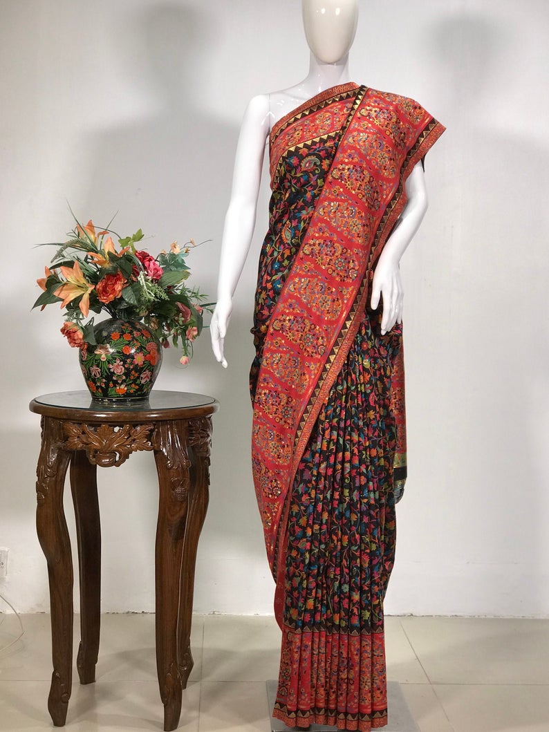 Black Modal Silk Paisley Jaal Kani Weave Sari Black Modal Silk Paisley Jaal Kani Weave Sari