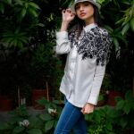 White Embroidered Cotton Shirt with Black Floral Thread Embroidery