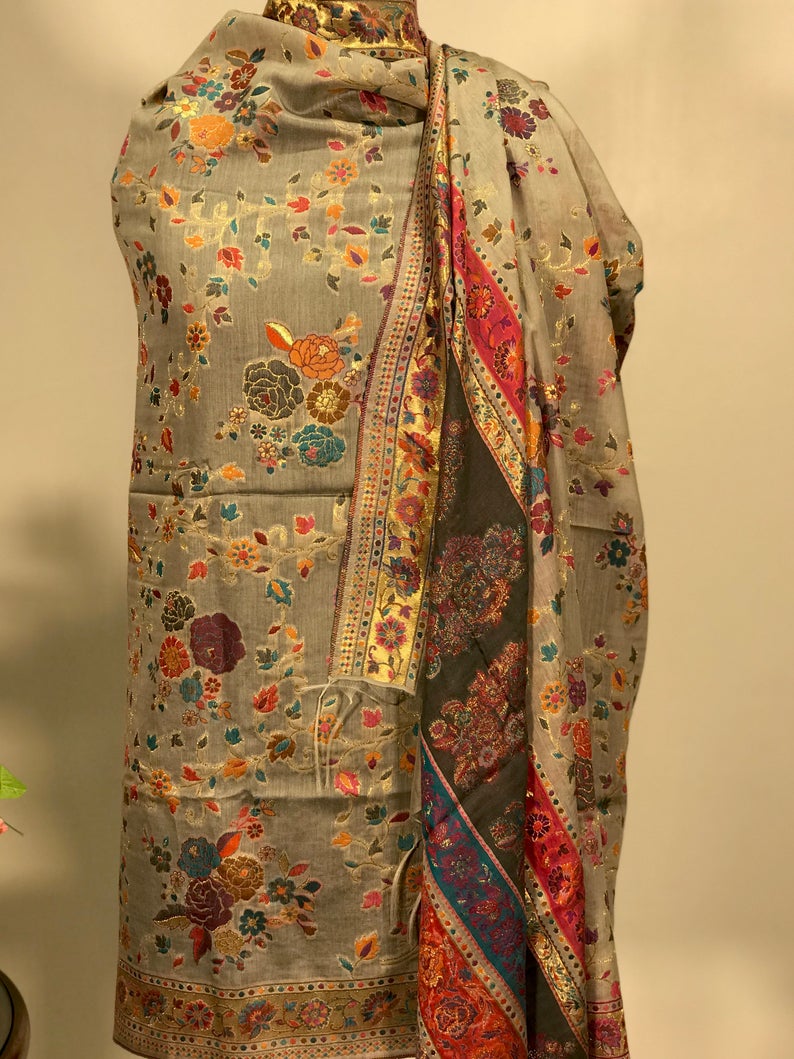 Light Grey Silk Kani Weave Dupatta close up