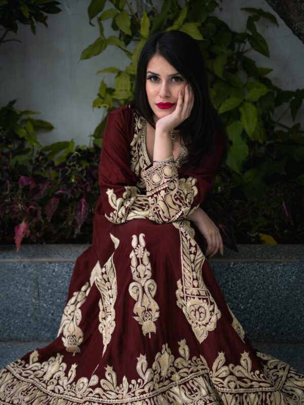 Wine Fit n Flare Dress with Puff Tilla Embroidery