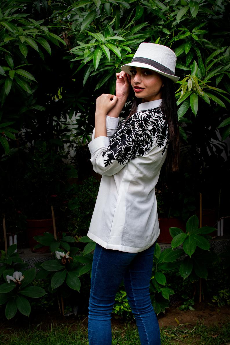 White Embroidered Cotton Shirt with Black Floral Thread Embroidery 2 White Embroidered Cotton Shirt with Black Floral Thread Embroidery 2