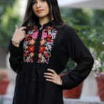 Black Cotton Pleated Shirt with Thread Embroidered Yoke