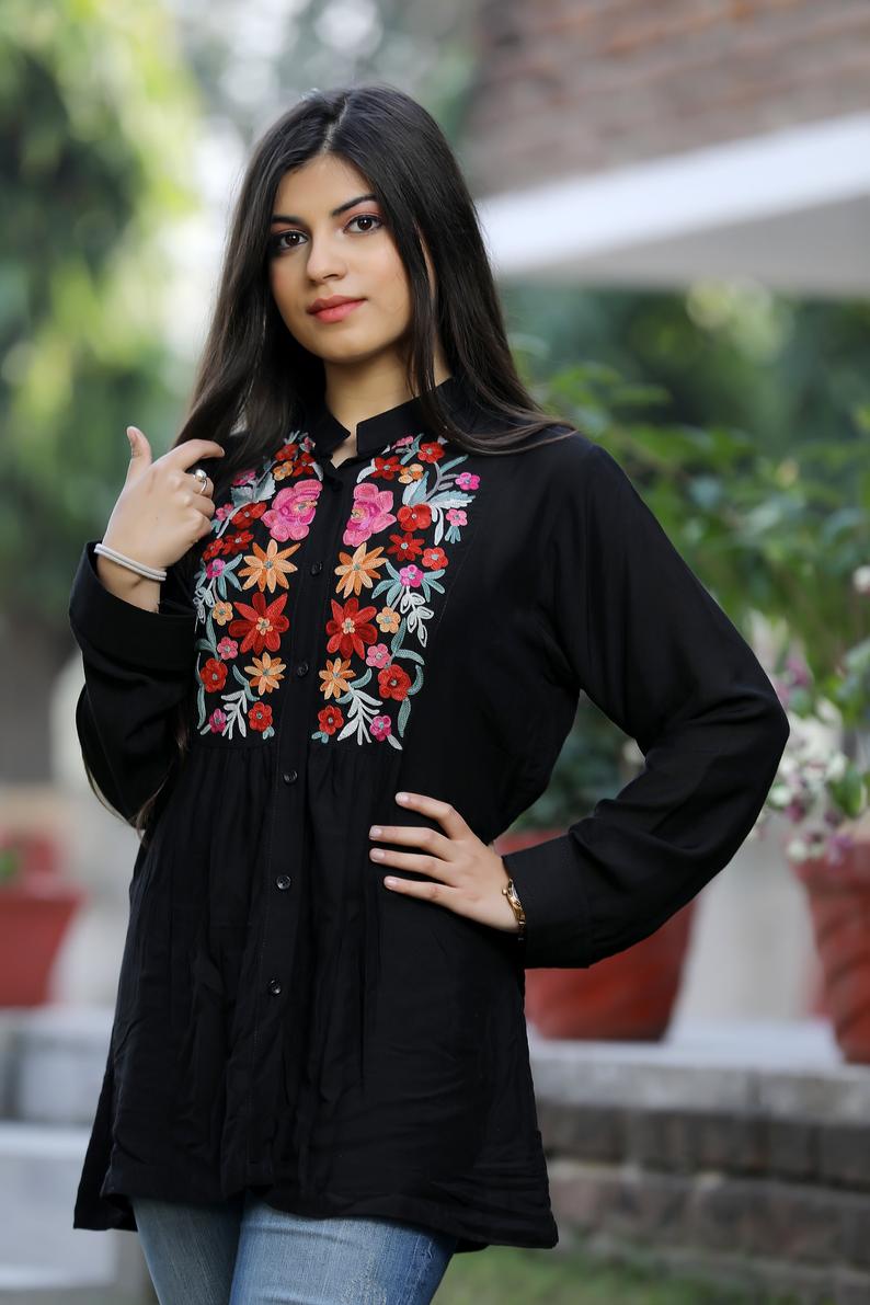 Black Cotton Pleated Shirt with Thread Embroidered Yoke Black Cotton Pleated Shirt with Thread Embroidered Yoke