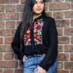 Black Cotton Pleated Shirt with Thread Embroidered Yoke front