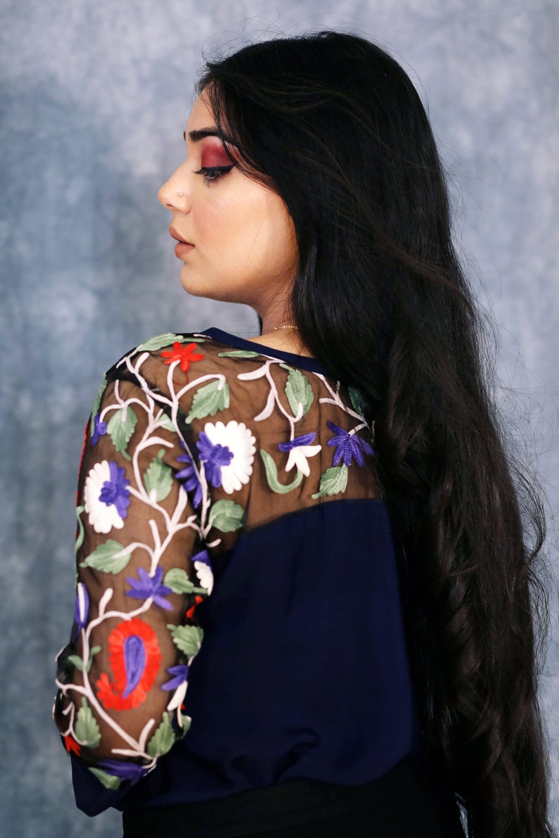 Blue Top with Thread Embroidered Shoulders & Sleeves Back Blue Top with Thread Embroidered Shoulders & Sleeves Back