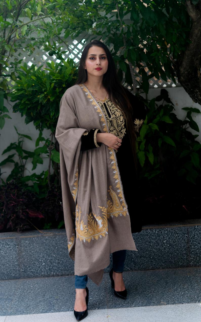 Natural Beige Pure Pashmina Stole with Tilla Hand Embroidery