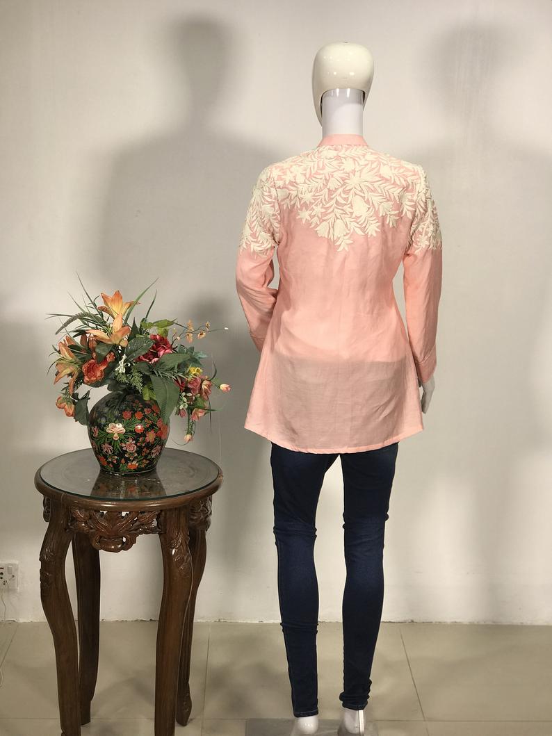 Pink Cotton Shirt with Cream Floral Thread Embroidery back Pink Cotton Shirt with Cream Floral Thread Embroidery back