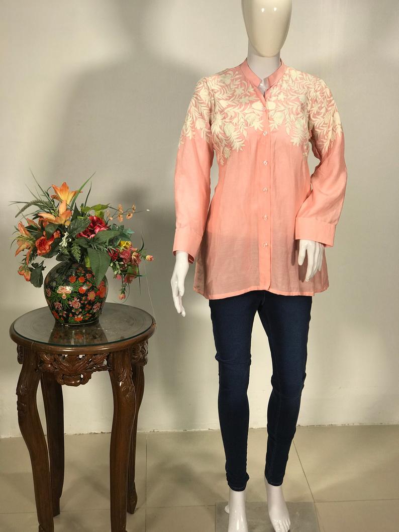 Pink Cotton Shirt with Cream Floral Thread Embroidery 2 Pink Cotton Shirt with Cream Floral Thread Embroidery 2
