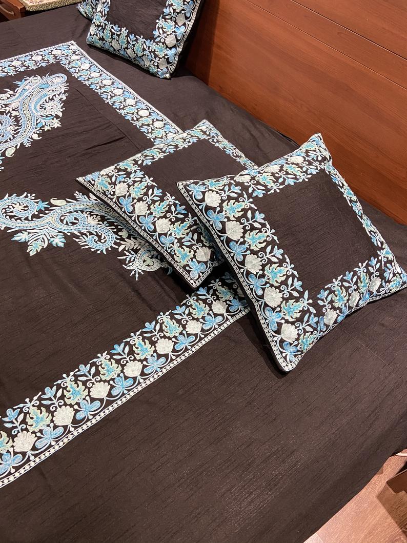 Black Raw Silk Bed Cover with Chinar Border and Paisley Botehs hover Black Raw Silk Bed Cover with Chinar Border and Paisley Botehs hover