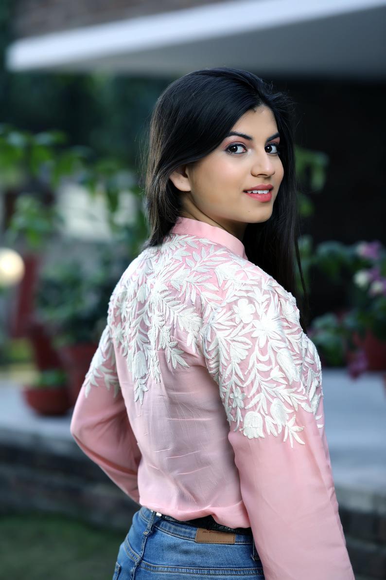 Pink Cotton Shirt with Cream Floral Thread Embroidery Pink Cotton Shirt with Cream Floral Thread Embroidery