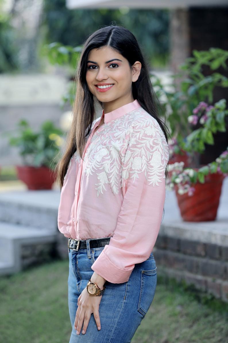 Pink Cotton Shirt with Cream Floral Thread Embroidery front Pink Cotton Shirt with Cream Floral Thread Embroidery front